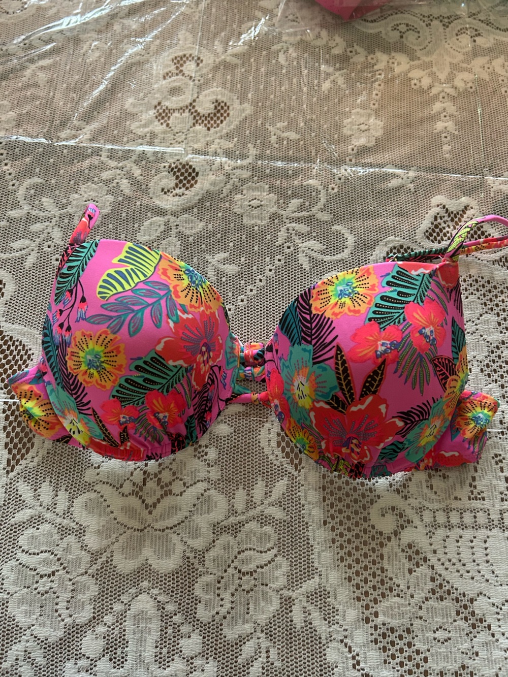 Xhilaration Neon Pink Tropical Print Bikini Top XL